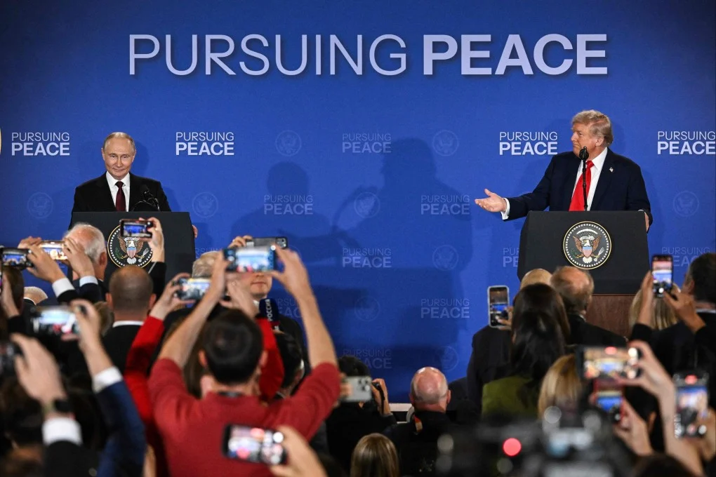 US President Trump and Russian President Putin hold a joint press conference after talks in Anchorage, Alaska. [IC: AFP].