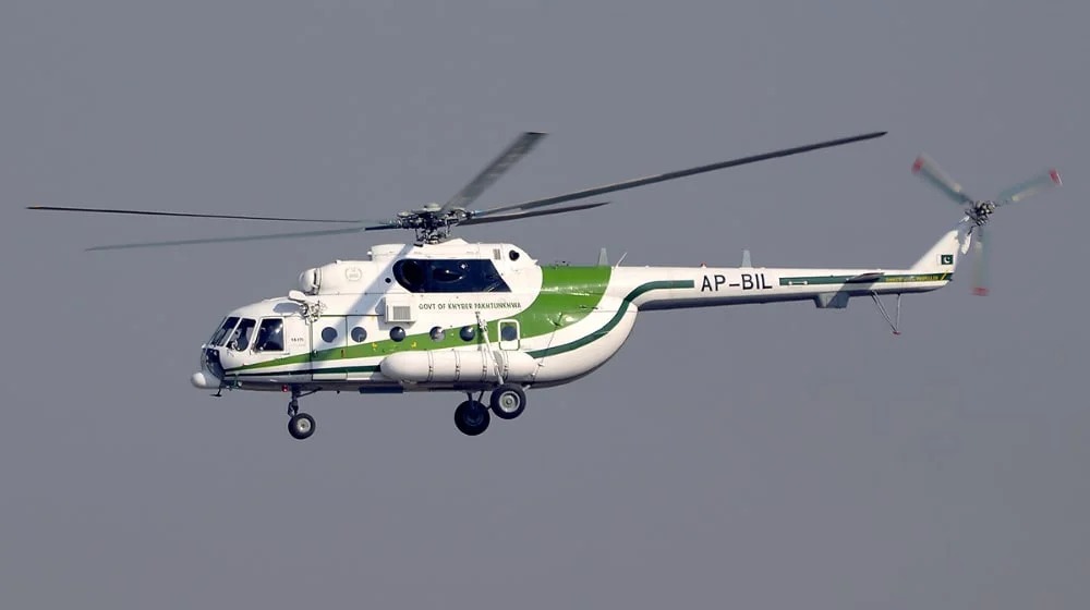 KP government helicopter crashes in Mohmand during Bajaur flood relief mission, August 2025. [IC: Government of Khyber Pakhtunkhwa (KP)].