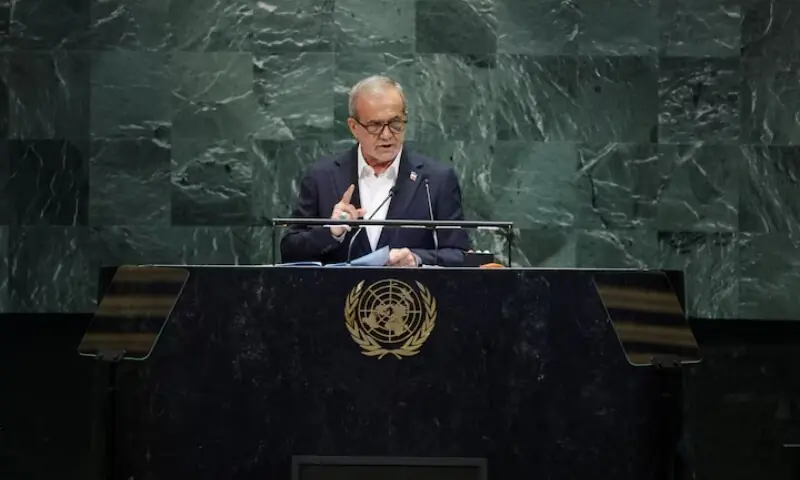 Iran’s President Masoud Pezeshkian addresses the 80th United Nations General Assembly at the UN headquarters in New York, US, Sept 24. [IC: Reuters]