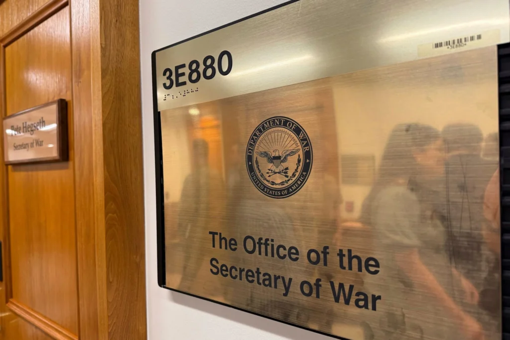 A new sign at the Pentagon after Trump’s order to rename the Defense Department the “Department of War,” Sept. 5, 2025. [AP/Mike Pesoli].