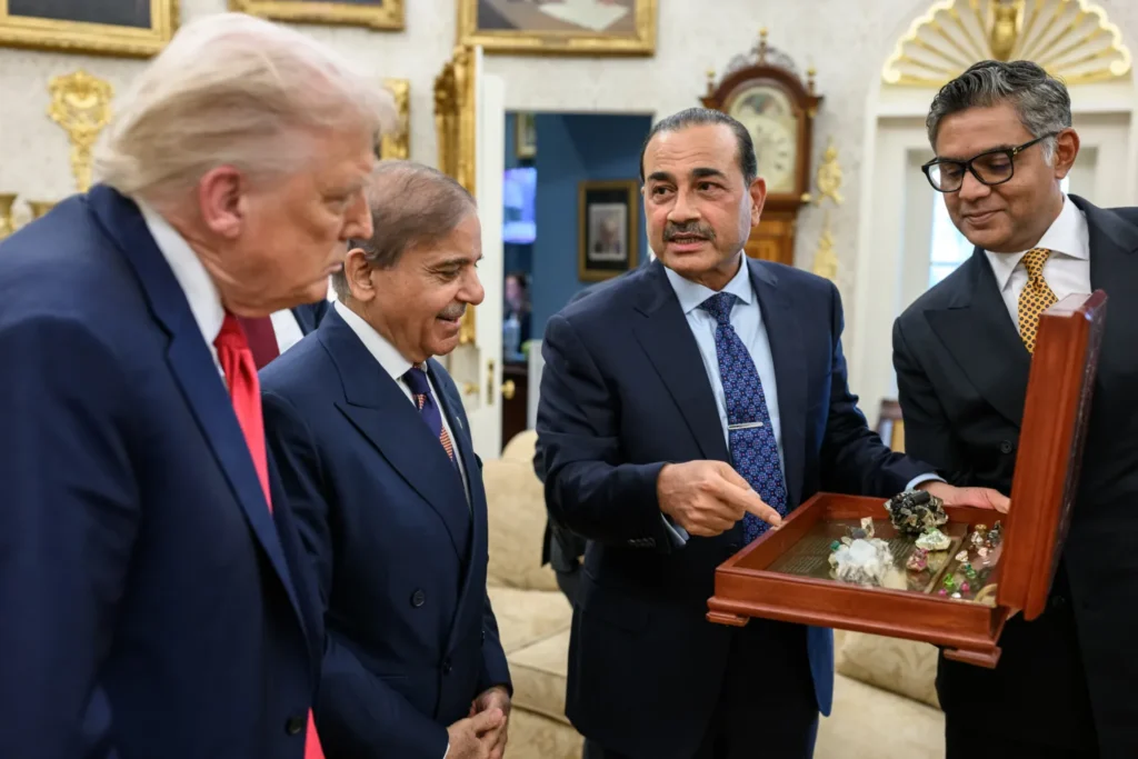 Photograph of Gen. Asim Munir and PM Shehbaz Sharif with U.S. President Donald Trump, displaying gemstones miscast online as rare earths. [Courtesy: White House].