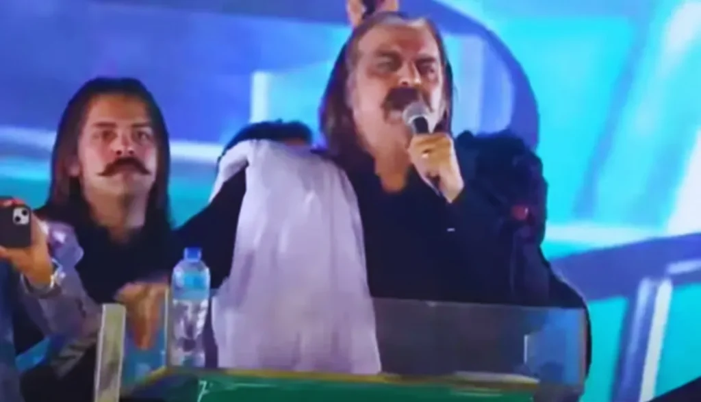 Khyber Pakhtunkhwa CM Ali Amin Gandapur addresses PTI rally in Peshawar, rejecting support for military operations. [Courtesy: A still from Video/PTI Stream].