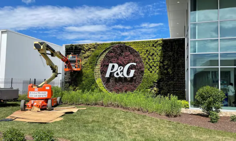 A plant wall with Procter & Gamble’s logo is pictured at the entrance to the company’s highly automated cleaning products factory in Tabler Station, West Virginia, US, on May 28, 2021. [IC: Reuters]