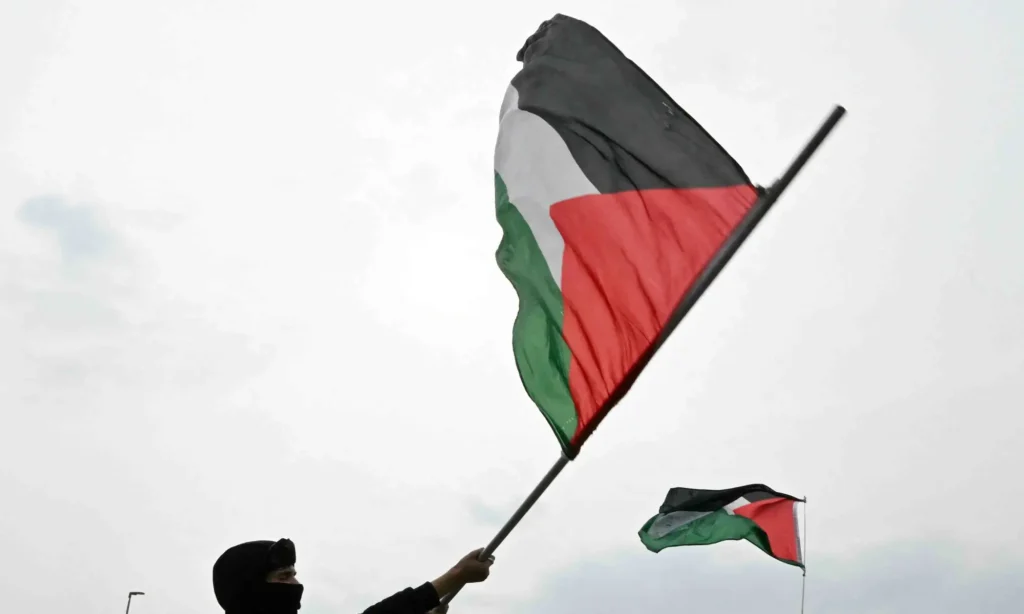 A pro-Palestinian protester waving a Palestinian flag in protest of the Israeli army's interception of the Global Sumud Flotilla on the Milan highway, on October 3. IC: AFP