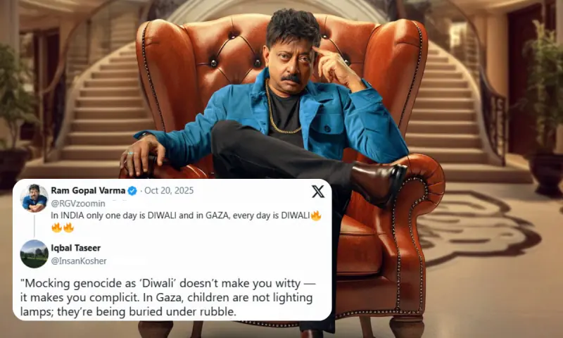 "Indian filmmaker Ram Gopal Varma sitting on a leather armchair, overlaid with his controversial tweet comparing Gaza bombings to Diwali celebrations, and a reply condemning the mockery of genocide. Image Credit-Dawn News