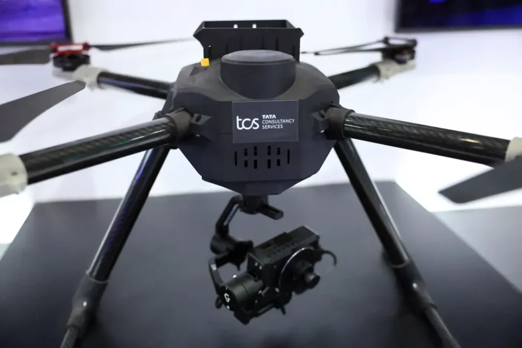 A private 5G real-time monitoring and surveillance drone is displayed at the Tata Consultancy Services (TCS) exhibitor stall, in New Delhi / Reuters