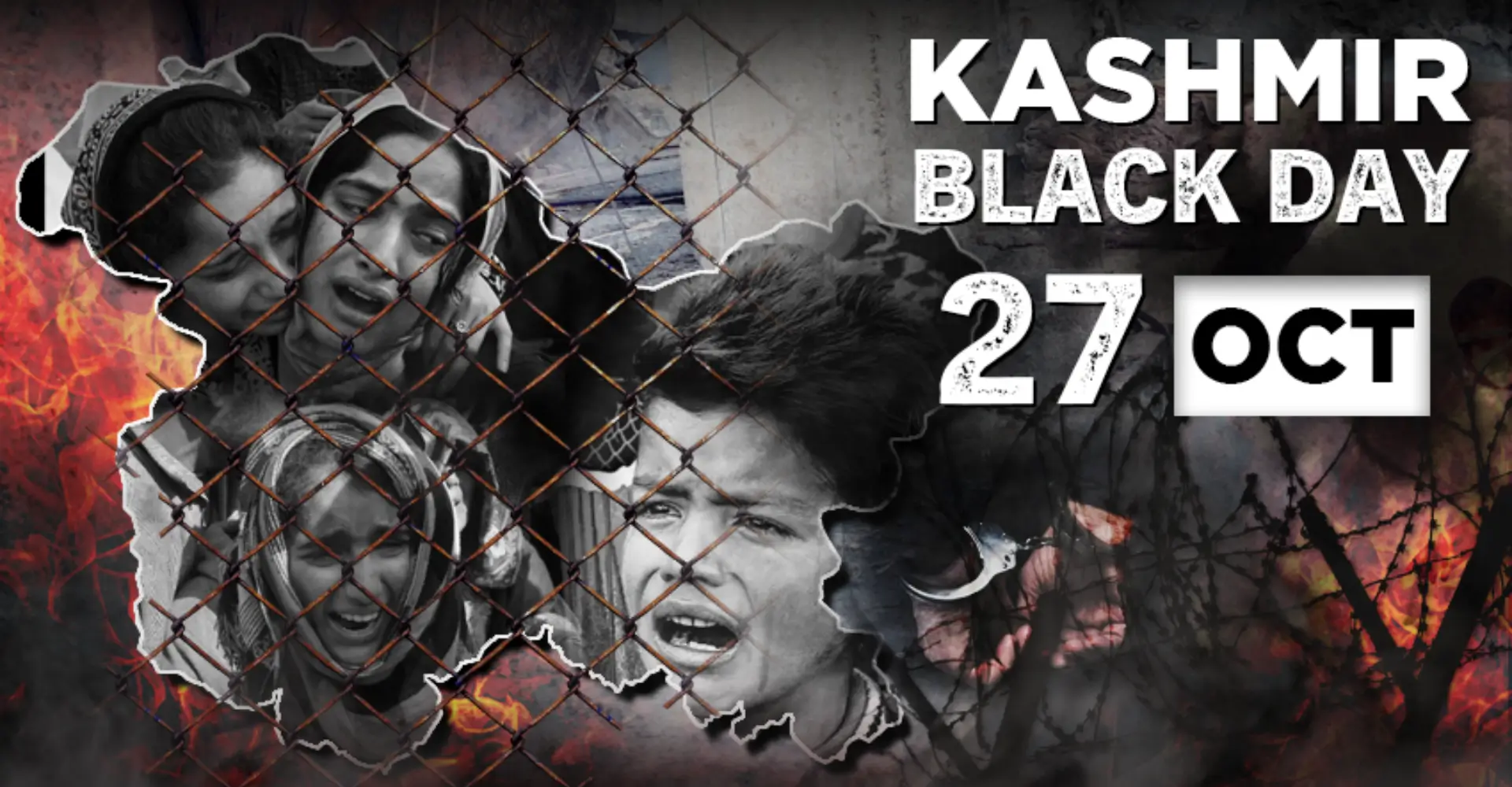 Graphic poster reading “Kashmir Black Day 27 Oct” with visuals of distressed Kashmiris behind a barbed-wire fence, overlaid on a map outline of Jammu & Kashmir Source-TESCO