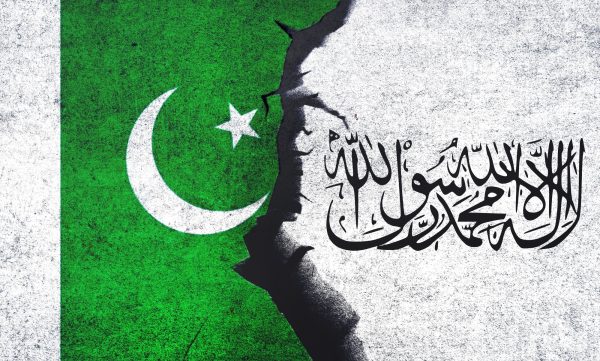 Illustration showing the flags of Pakistan and the Taliban merged and divided by a crack in the middle, symbolizing tension or conflict between the two sides