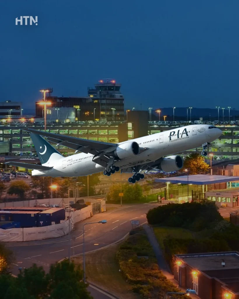 PIA Boeing 777 preparing for takeoff at Islamabad International Airport for its first resumed flight to Manchester, October 2025