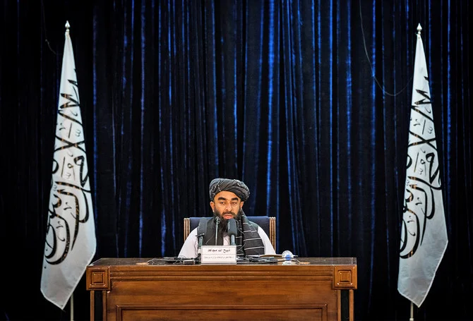 Taliban government spokesman Zabihullah Mujahid during a press conference in Kabul, Afghanistan, on September 21, 2021. [Courtesy: AP].