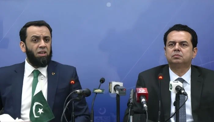 Information Minister Atta Tarar and Minister of State for Interior Talal Chaudhry address the presser in Islamabad on November 1, 2025. [Screengrab]