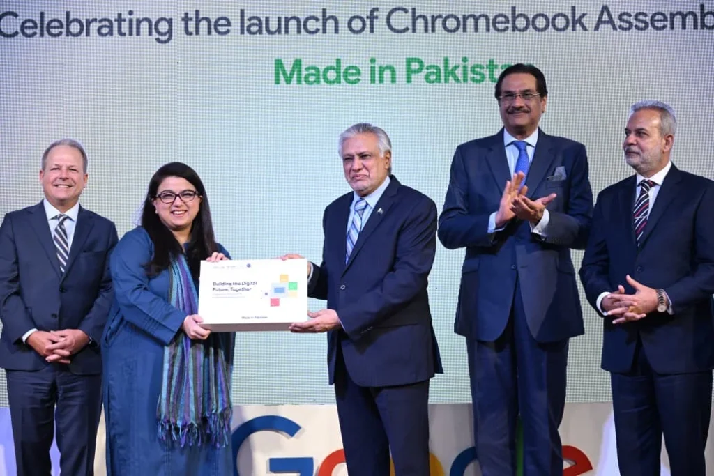 Pakistan’s DPM/FM Ishaq Dar and IT Minister Shaza Fatima Khawaja at the event announcing Pakistan’s first Chromebook assembly line in partnership.