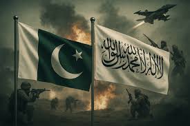 Illustration of Pakistan-Afghanistan clash with national flags, highlighting tensions linked to TTP activities