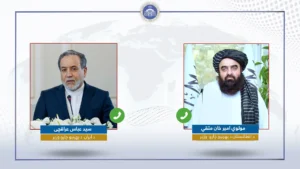 Iranian Foreign Minister Seyyed Abbas Araghchi in a phone call with Afghanistan’s FM Mullah Amir Khan Muttaqi discussing Pakistan-Afghanistan talks and regional mediation efforts.