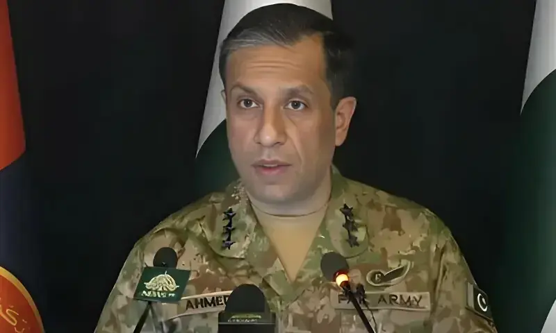DG ISPR Lt Gen Ahmed Sharif Chaudhry addressing a press conference on national security and rising negative narratives on December 5, 2025.