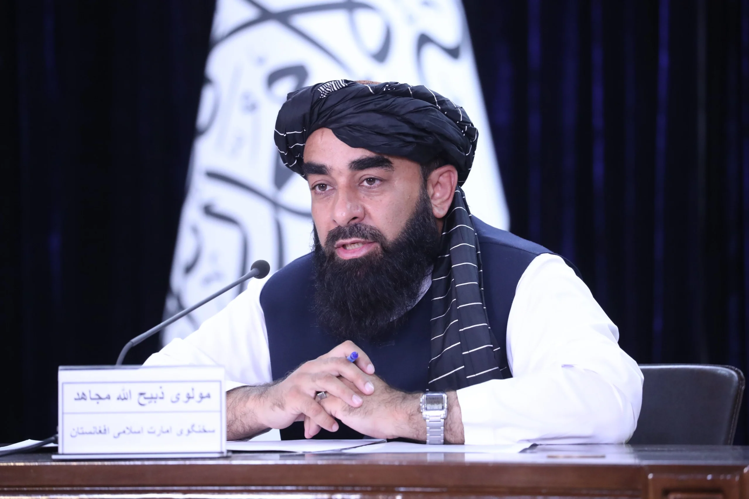 Taliban spokesperson Zabihullah Mujahid during televised interview