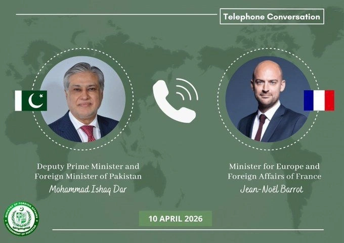 Ishaq Dar Jean Noel Barrot diplomatic call Pakistan France relations