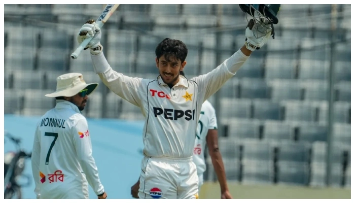 Azan Owais celebrates his debut Test century during Day 3 of the Dhaka Test against Bangladesh.