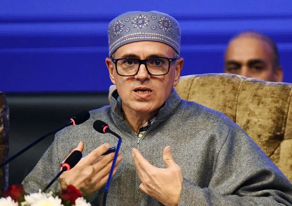 Omar Abdullah addressing media in Srinagar, alleging BJP used delimitation process for electoral advantage in Jammu and Kashmir.